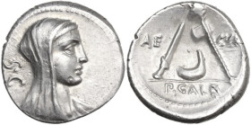 P. Sulpicius Galba. AR Denarius, 69 BC. Obv. Veiled bust of Vesta right; behind, S·C. Rev. Knife, culullus and ornamented axe; on left, AED (AE ligate...