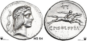 C. Piso Frugi. AR Denarius, Rome mint, 67 BC. Obv. Laureate head or of Apollo right; behind, snake on staff. Rev. Horseman galloping right, holding pa...