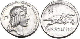 C. Piso Frugi. AR Denarius, Rome mint, 67 BC. Obv. Laureate head or of Apollo right; behind, Π. Rev. Horseman galloping right, holding palm; barred X ...