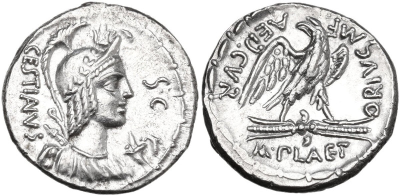 M. Plaetorius M. f. Cestianus. AR Denarius, 67 BC. Obv. Draped bust right with a...