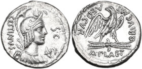 M. Plaetorius M. f. Cestianus. AR Denarius, 67 BC. Obv. Draped bust right with attributes of Isis, Minerva, Apollo, Diana and Victory; before, cornuco...