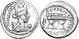 M. Plaetorius M. f. Cestianus. AR Denarius, 67 BC. Obv. Bust of Cybele right; behind, forepart of lion and CESTIANVS (AN ligate or not); before, globe...