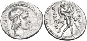 Q. Pomponius Musa. AR Denarius, 66 BC. Obv. Diademed head of Apollo right; behind, Q·POMPONI; before, MVSA. Rev. HERCVLES MVSARVM. Hercules Musagetes ...