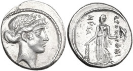 Q. Pomponius Musa. AR Denarius, 66 BC. Obv. Laureate head of Apollo right; behind, sceptre. Rev. Melpomene standing facing, head right, holding club a...