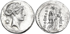 Q. Pomponius Musa. AR Denarius, 66 BC. Obv. Laureate head of Apollo right; behind, tortoise. Rev. Terpsichore right, holding lyre (sometimes kithara) ...