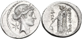 Q. Pomponius Musa. AR Denarius, 66 BC. Obv. Laureate head of Apollo right; behind, star. Rev. Urania standing left, pointing with wand to a globe on a...