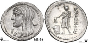 L. Cassius Longinus. AR Denarius, 63 BC. Obv. Veiled and draped bust of Vesta left; behind, kylix; before, I. Rev. Male figure left, dropping tablet i...