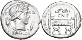 L. Furius Cn. f. Brocchus. AR Denarius, 63 BC. Obv. Head of Ceres right; across field, III-VIR; at sides, corn-ear and barley-grain; below, BROCCHI. R...