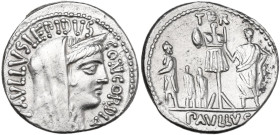 L. Aemilius Lepidus Paullus. AR Denarius, Rome mint, 62 BC. Obv. PAVLLVS·LEPIDVS·CONCORDIA. Veiled and diademed head of Concordia right. Rev. Trophy; ...