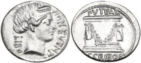 L. Scribonius Libo. AR Denarius, 62 BC. Obv. LIBO BON·EVENT. Diademed head of Bonus Eventus right. Rev. Puteal Scribonianum decorated with garland and...