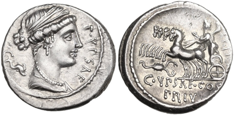 P. Plautius Hypsaeus. AR Denarius, 60 BC. Obv. Draped bust of Leuconoe right; be...