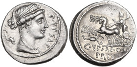 P. Plautius Hypsaeus. AR Denarius, 60 BC. Obv. Draped bust of Leuconoe right; behind, dolphin; before, P·YPSAE·S·C. Rev. Jupiter in quadriga left, hol...