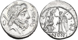 M. Nonius Sufenas. AR Denarius, 59 BC. Obv. Head of Saturn right; before, SVFENAS; behind, harpa, conical stone and S·C. Rev. Roma seated left on pile...