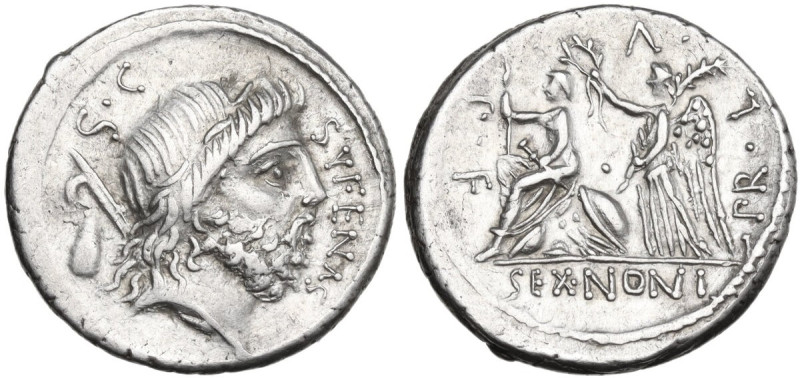 M. Nonius Sufenas. AR Denarius, 59 BC. Obv. Head of Saturn right; before, SVFENA...