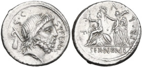 M. Nonius Sufenas. AR Denarius, 59 BC. Obv. Head of Saturn right; before, SVFENAS; behind, harpa, conical stone and S·C. Rev. Roma seated left on pile...