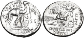 M. Aemilius Scaurus with Pub. Plautius Hypsaeus. AR Denarius, 58 BC. Obv. Camel right; before, King Aretas kneeling right, holding reins in left hand ...