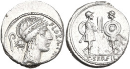 C. Servilius C.f. AR Denarius, 57 BC. Obv. Wreathed head of Flora right; behind, lituus; before, FLORAL·PRIMVS. Rev. Two soldiers facing each other an...