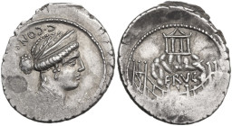 C. Considius Nonianus. AR Denarius, 57 BC. Obv. Laureate and diademed bust of Venus Erycina right; behind, C·CONSIDI·NONIANI; before, S·C. Rev. Mounta...