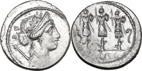 Faustus Cornelius Sulla. AR Denarius, Rome mint, 56 BC. Obv. Laureate, diademed and draped bust of Venus right; on the left, sceptre and S·C. Rev. Thr...