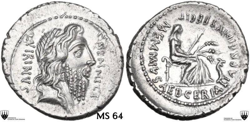 C. Memmius. AR Denarius, 56 BC. Obv. Laureate and bearded head of Quirinus right...