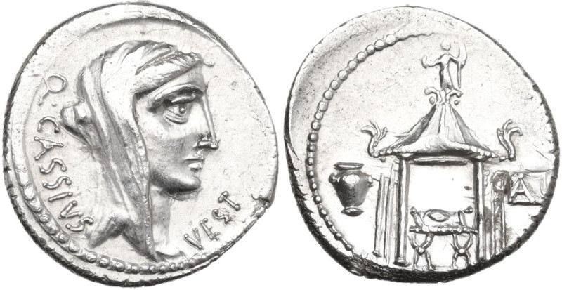 Q. Cassius Longinus. AR Denarius, Rome mint, 55 BC. Obv. Veiled head of Libertas...