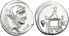 Q. Cassius Longinus. AR Denarius, Rome mint, 55 BC. Obv. Veiled head of Libertas right; on the right, VEST ; on the left, Q·CASSIVS. Rev. Temple of Ve...