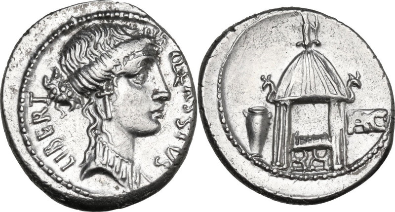 Q. Cassius Longinus. AR Denarius, Rome mint, 55 BC. Obv. Head of Libertas right;...