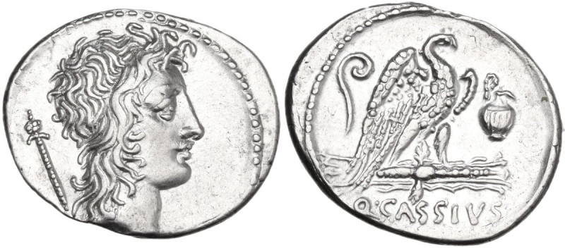 Q. Cassius Longinus. AR Denarius, 55 BC. Obv. Head of Genius Populi Romani right...