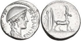 Cn. Plancius. AR Denarius, 55 BC. Obv. Head of Diana Planciana right, wearing causia; before, CN·PLANCIVS; behind, AED·[CVR·S·C]. Rev. Cretan goat rig...