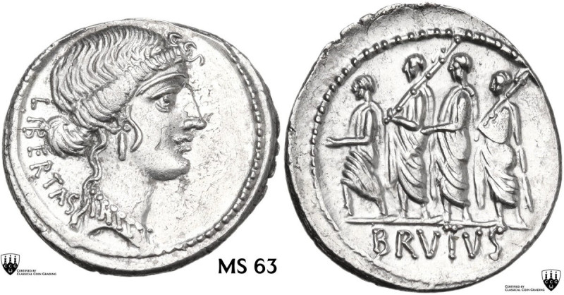 M. Iunius Brutus. AR Denarius, 54 BC. Obv. Head of Libertas right; behind, LIBER...