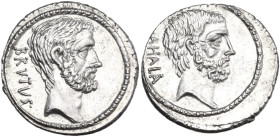 M. Junius Brutus. AR Denarius, 54 BC. Obv. BRVTVS Head of L. Junius Brutus the Ancient right. Rev. AHALA. Head of C. Servilius Ahala right. Cr. 433/2;...