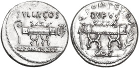 Q. Pompeius Rufus. AR Denarius, 54 BC. Obv. Curule chair; on left, arrow; on right, laurel-branch; above, Q·POMPEI·Q·F / RVFVS; below, COS on tablet. ...