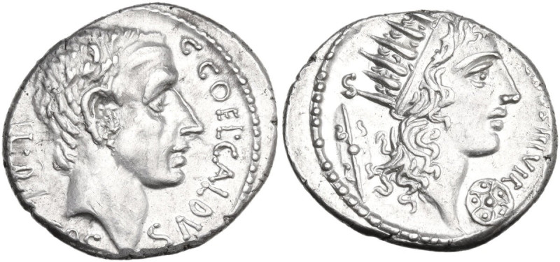 C. Coelius Caldus. AR Denarius, 51 BC. Obv. Bare head of C. Coelius Caldus right...