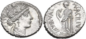 Mn. Acilius Glabrio. AR Denarius, 49 BC. Obv. Laureate head of Salus right; behind, SALVTIS upwards. Rev. Valetudo standing left, resting left arm on ...