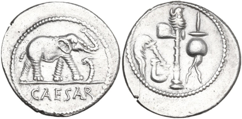 Julius Caesar. AR Denarius, mint moving with Caesar, 49-48 BC. Obv. Elephant adv...