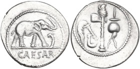 Julius Caesar. AR Denarius, mint moving with Caesar, 49-48 BC. Obv. Elephant advancing right, trampling on horned serpent; in exergue, CAESAR. Rev. Po...