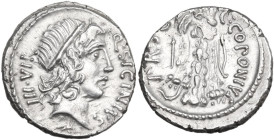 Q. Sicinius with C. Coponius. Denarius, mint moving with Pompey, 49 BC. Obv. Head of Apollo right, hair tied with band; behind, III·VIR; before, Q·SIC...