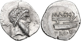 Pompey the Great. AR Denarius, mint moving with Pompey, 49 BC. Obv. [CN. PISO PRO - Q] Bearded head of Numa Pompilius right, wearing diadem inscribed ...