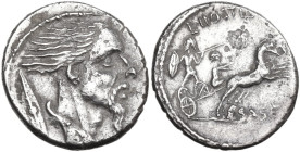 L. Hostilius Saserna. AR Denarius, 48 BC. Obv. Bearded bust of Gallic enemy with flowing hair ('Vercingetorix'); Gaulish shield behind. Rev. L HOSTILI...