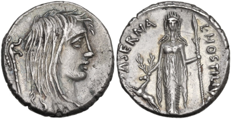 L. Hostilius Saserna. AR Denarius, 48 BC. Obv. Head of Gallia right, hair long a...