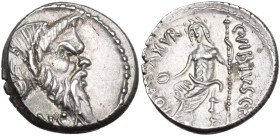 C. Vibius C. f. C. n. Pansa Caetronianus. AR Denarius, 48 BC. Obv. Mask of bearded Pan right; below, [PA]NSA. Rev. Jupiter laureate, seated left, hold...