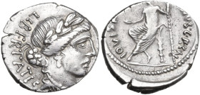 C. Vibius C. f. C. n. Pansa Caetronianus. AR Hybrid Denarius, 48 BC. Obv. Laureate head of Libertas right; behind, LIBERTATIS. Rev. Jupiter laureate, ...