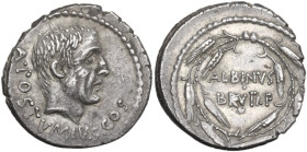 Albinus Bruti f. AR Denarius, 48 BC. Obv. A·POSTVMIVS·COS. Head of the consul A. Postumius right. Rev. Wreath of corn-ears, within which, ALBINVS/ BRV...