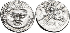 L. Plautius Plancus. AR Denarius, 47 BC. Obv. Facing head of Medusa with dishevelled hair; below, L. PLAVTIVS. Rev. Aurora flying right, head facing s...