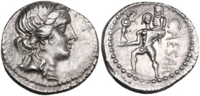 Julius Caesar. AR Denarius, 47-46 BC. Obv. Diademed head of Venus right. Rev. CAESAR. Aeneas advancing left, carrying palladium in right hand and Anch...