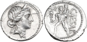 Julius Caesar. AR Denarius, 47-46 BC. Obv. Diademed head of Venus right. Rev. CAESAR. Aeneas advancing left, carrying palladium in right hand and Anch...