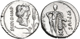 Q. Caecilius Metellus Pius Scipio with Eppius Legatus. AR Denarius, Africa, 47-46 BC. Obv. Head of Africa right, laureate and wearing elephant's skin;...