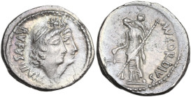 Mn. Cordius Rufus. AR Denarius, 46 BC. Obv. RVFVS·III·VIR. Jugate heads of the Dioscuri right, wearing laureate pileus surmounted by star. Rev. Venus ...