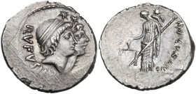 Mn. Cordius Rufus. AR Denarius, 46 BC. Obv. RVFVS. III. [VIR] Conjoined heads of the Dioscuri right, each wearing pileus laureate surmounted by star. ...