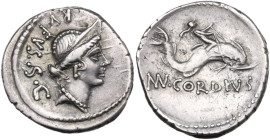 Mn. Cordius Rufus. AR Denarius, 46 BC. Obv. Diademed head of Venus right; behind, RVFVS S.C. Rev. Cupid on dolphin right; below, MN. CORDIVS. Cr. 463/...